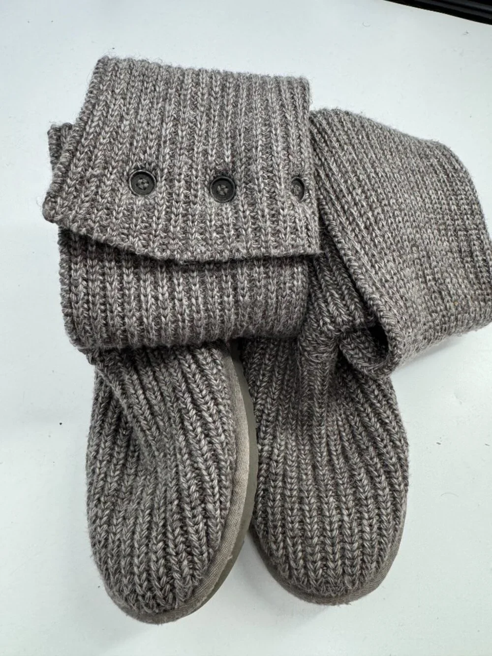 UGG Australia Classic Cardy Grey Knit Three-Button Tall Winter Boots Rustic Sz 8